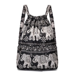 抽繩雙肩包女尼龍束口袋大容量輕便旅行運動背包, 【大號加厚】圖騰象【升級面料】