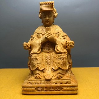 崖柏黃楊木雕湄洲媽祖海神林默娘神像居家實木擺件，天上聖母工藝品，保佑平安, 崖柏媽祖高10cm（款式二）