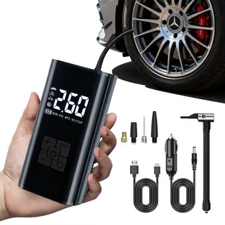 타이어 공기압 주입기 휴대용 무선 올인원 세트 6000mAh 타이어 압력 모니터링/led손전등/보조배터리/자동차 농구공 자전거 오토바이 다용도에어펌프, 블랙, 1세트