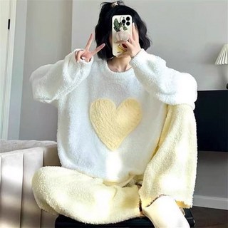 冬季新款愛心半邊絨睡衣女寬鬆加絨保暖甜美可愛風家居服兩件套裝