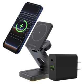 台灣製造 三合一折疊式磁吸無線充電座 旅行折疊 立架式 支援MagSafe 手機 手錶 AirPods同時充電, 20W組合【黑色】, 1個