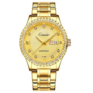 男士商務石英錶 鑲鑽女士手錶 夜光雙日曆防水鋼帶情侶對錶