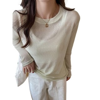 防曬女空調衫寬鬆顯瘦基礎微透長袖罩衫性感純色夏季圓領上衣T恤, 黑色,M（適合體重95-115斤）