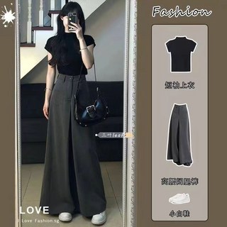 時尚套裝女2024夏季新款純欲風氣質短袖高腰顯瘦西裝闊腿褲兩件套