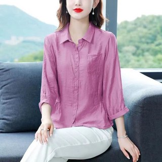 여성 면 마 셔츠 봄가을 캐주얼 슬림핏 허리 조임 린넨 남방 패션 9부 소매 면 마 이너 블라우스 상의 WMY