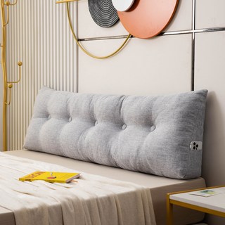 舒適棉麻床頭靠墊長款 – 人體工學護腰靠背墊，附手機收納袋，提升臥室質感, 灰色