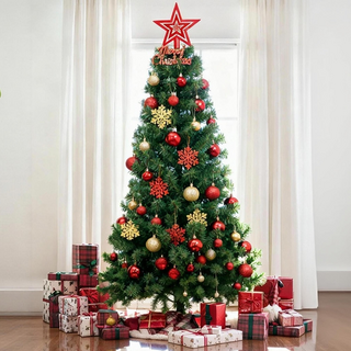 YGGDRAVA 150cm 크리스마스 트리 장식 풀세트 PVC+오너먼트+트리 탑별+트리스커트, 레드 눈송이 1.5m