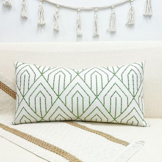 슬로우 카우 린넨 자수 장식 허리 쿠션 커버 직사각형 케이스 침대 소파용 12 x 24 인치 그린