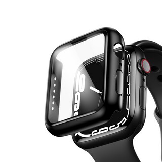 니하 애플워치 호환 풀커버 강화유리 액정보호 케이스, 블랙