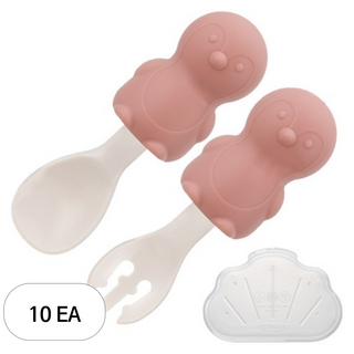 에디슨 유아용 실리콘 스푼 + 포크 + 케이스 세트 꼬마 펭귄, 10세트, 핑크