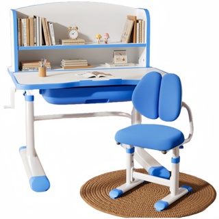 護脊成長書桌 兒童書桌 升降書桌椅 手搖升降，符合人體工學設計，有效保護視力，現貨供應。, 桌椅(書架+追背), 藍色