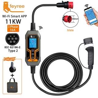 Feyree 유형 2 휴대용 EV 충전기 11KW 16A 3 상 Wi-Fi APP 블루투스 버전 케이블 자동차 5m 플러그, 01 Type2, 01 CN, 01 11KW 5m No Adapter