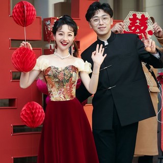 【大尺碼敬酒服女】一字肩平時可穿訂婚迴門法式長裙晚禮服, 酒紅色長款,L, 酒紅色長款