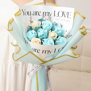 玫瑰永生花束 香皂花乾燥花 畢業/母親節/情人節花束, 浅蓝玫瑰(附袋子)