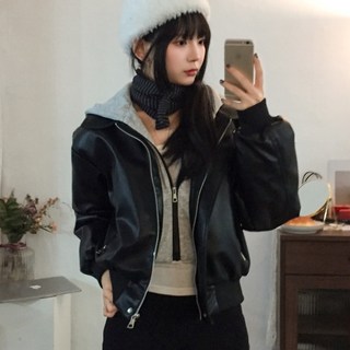 일체형 레이어드 양털후드 레더점퍼