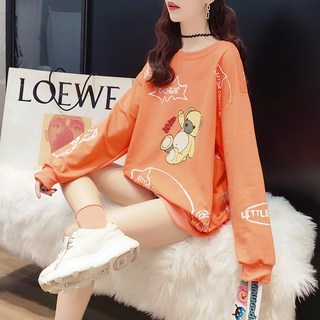 링크어패럴 여성 오버핏 귀여운 곰돌이 캐릭터 그림 모양 루즈한 긴팔 롱 티셔츠