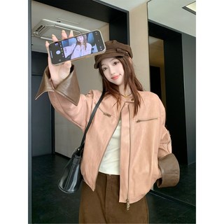 PU皮衣女 秋季復古高級感撞色拼接短款夾克衫外套
