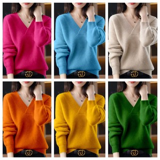 大尺碼女裝秋冬V領寬鬆顯瘦針織毛衣