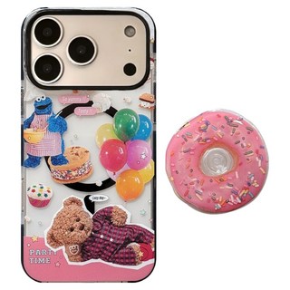 BuyChoo 파티 타임 파자마 베어 스마트폰 케이스 + 스위트 도넛 마그네틱 그립톡