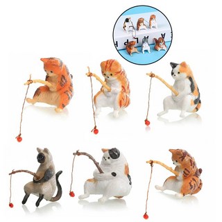 치트몰 어항 화분 테라리움 낚시하는 고양이 피규어 6종, 1세트