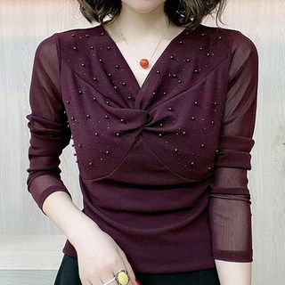 ROYALBELLE 여성 브이넥 진주 스팽글 셔링 긴팔 망사 빅사이즈 루즈핏 중년 여성 티셔츠 V01012507