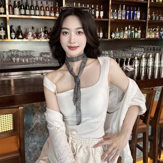 亮片新潮水鑽領結 女鑲鑽領帶 舞蹈表演配飾 細長條領巾 多排水鑽長款流蘇鎖骨鏈 水兵舞項鍊 腰鏈