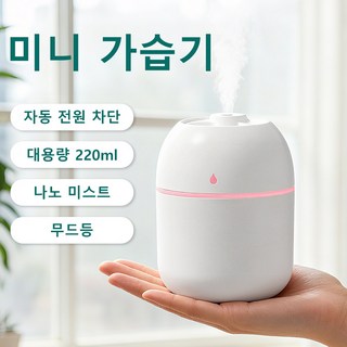 AIRYES 물방울 미니 가습기 소형 휴대용 저소음 무드등 탁상용 대용량 220ml, 화이트