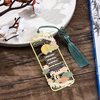 Super歐爸 古典貓咪金屬書籤 貓咪書籤 貓書籤 古風書籤 國風書籤 古典書籤 胖貓書籤 高顏值 送老師, 1個, 古風建築-B款