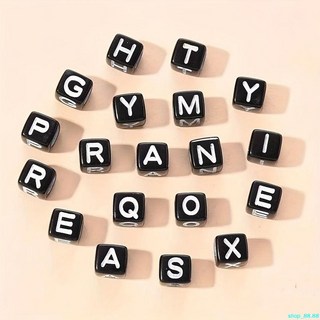 字母串珠 diy手串珠 亞克力黑底白字方形字母珠26個單英文字母串珠配件散珠材料 字母手串珠 diy手鏈配件, 1個, S,6x6mm黑底白/100個