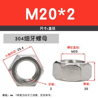 螺母 螺帽 螺絲帽, 1個, 304細牙螺母—M20*2【2粒】, M20