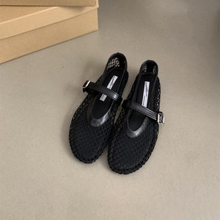 鏤空網紗瑪麗珍平底鞋，透氣網鞋涼鞋，韓版法式氣質單鞋, 黑色,37, 37
