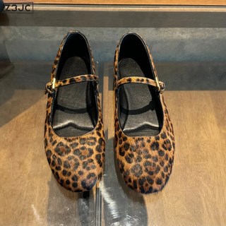 Z3JC 早秋新款豹紋瑪麗珍瑪麗珍平底一字扣帶軟皮單鞋淺口奶奶鞋