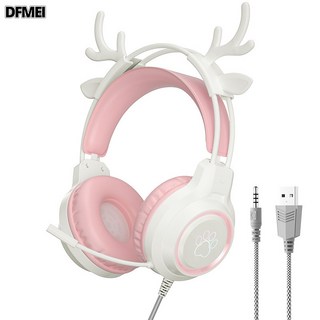 DFMEI G35貓耳電競耳機學生電腦專用3D環繞耳麥頭戴式有線遊戲耳機, SY-G35【鹿耳粉色】PS5發光耳機(配贈一分二線), 如圖