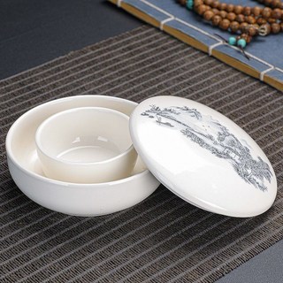 硯臺 火鍋硯臺帶蓋多功能不幹墨硯臺書法專用文房四寶毛筆密封墨盒墨池 SB5T, 1個, 硯臺-中-舊景山河