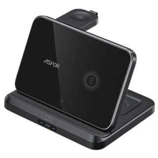 ASPOR W21 多功能折疊無線充電座 智能手機/耳機/手錶 三合一無線充電器, 黑色