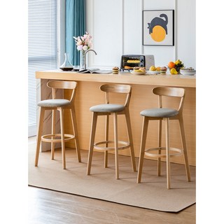吧臺椅現代簡約實木家用高腳凳北歐高凳子靠背酒吧椅輕奢前臺座椅吧椅 吧檯椅 酒吧椅 吧凳 高腳凳 高腳椅, 1個, 61cm高原木架（椅面顏色留言） 默認發