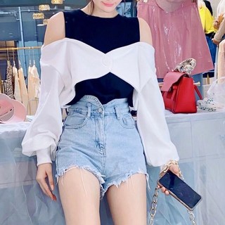 雪莉小姐 韓版設計感撞色假兩件露肩寬鬆顯瘦百搭上衣 【現貨】