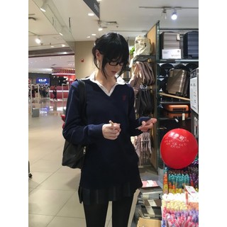 學院風針織毛衣套裝 女款日系制服 格紋裙 紺色V領長袖上衣