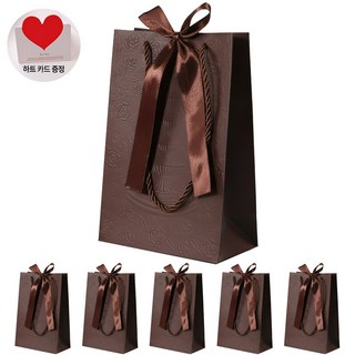 VITALO 프리미엄 로즈 엠보싱 리본 쇼핑백 선물용 고급 세로형 종이가방 (하트카드 6개지급), 6개, 브라운