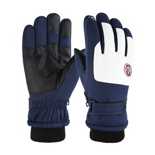 滑雪手套 男女秋冬季防風防潑水戶外騎行摩托車加絨加厚保暖手套, 3D彎指紅標藍色(男款)