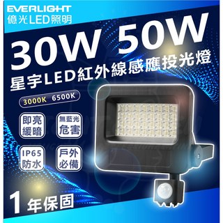 億光 LED 30W 50W 全電壓 防水IP65 星宇 紅外線感應投光燈 感應投光燈 戶外探照燈, 1個, 30W,6500K 白光