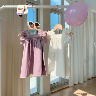 夏季新款法式宮廷風素色洋裝 韓版女童時尚小飛袖純棉公主連身裙 女童洋裝 女童洋裝夏天