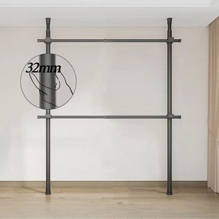 32mm 와이드 2단행거 고정식 설치형 튼튼한 옷걸이행거, 블랙