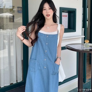 CUTNSEW 66913 細肩背心牛仔洋裝，藍色，長裙, 水藍