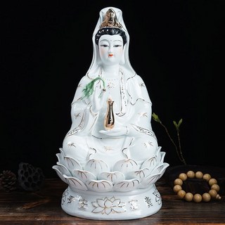 臺灣齣貨 陶瓷南海觀音菩薩純白玉扶瓶坐蓮觀音佛像家用家居觀世音菩薩擺飾