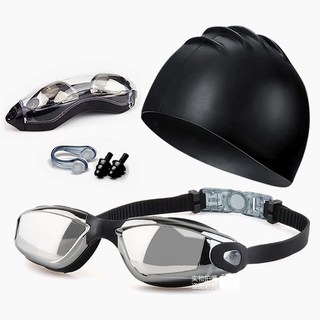 成人防霧電鍍泳鏡套裝 附鼻夾耳塞泳帽, 黑色套裝（泳鏡泳帽鼻夾耳塞）, 1個