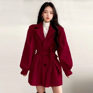 JIEVE 여성용 가을 겨울 패션 넉넉한핏 벨트 울혼방 트렌치코트 모던 오버핏 트렌치코트 SG117124