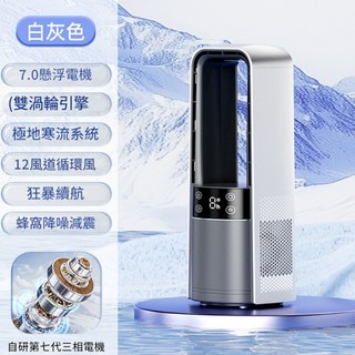 智慧數顯雙渦輪無葉風扇，冰感冷風，空氣淨化循環扇，靜音桌上型風扇, 白灰色, 白灰色