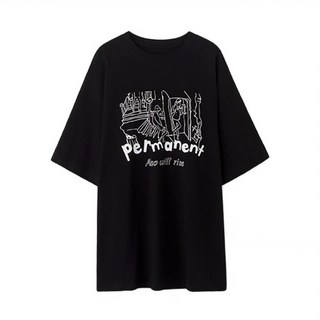 HYC 韓國 PREMANENT 手繪塗鴉短T 短袖上衣 男女不拘 潮流情侶款 厚磅落肩, 黑色
