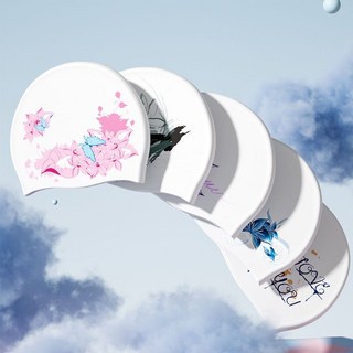 硅膠泳帽防水勒頭長髮專用舒適印花護耳成人加大時尚大頭游泳帽, 1個, 泳帽【花海系列】,五瓣花-加大版【升級款加大彈力】